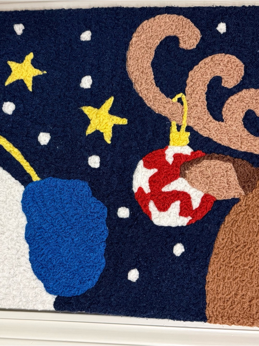 Festive Reindeer Holiday Hooked Rug - Navy, Red, Blue, Tan